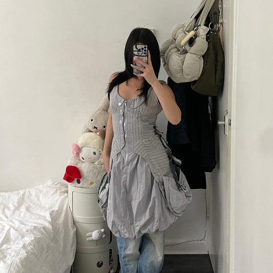 fq2 archival grey bubble hem utility pocket zip striped midi dress