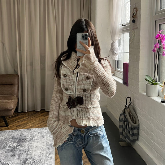 zone bleue speckled brown wide collared knit zip velvet ribbon belt cardigan jacket