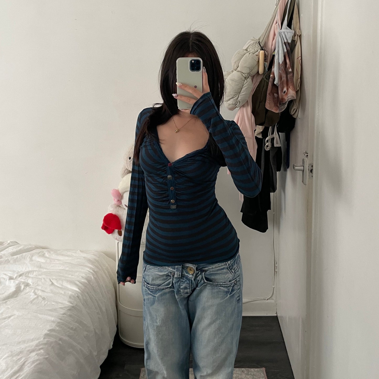 miss sixty grunge sleaze striped teal black v neck ruched mix button fitted long sleeve top