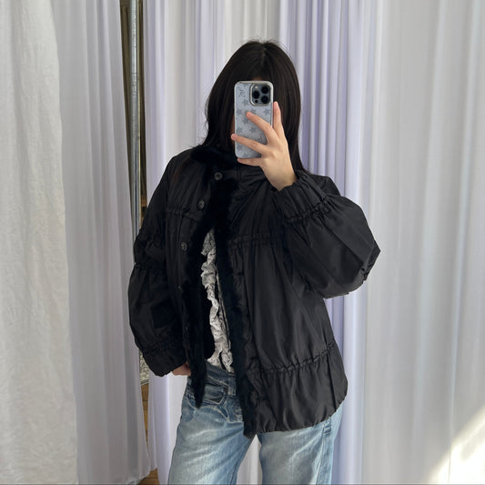 Balletcore Black Chamois Ruched Rabbit Fur Trim Puffer Jacket