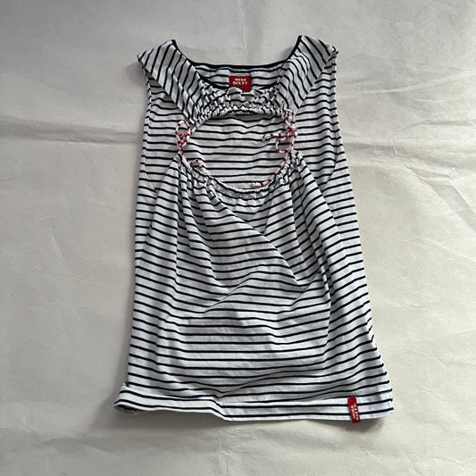 Miss Sixty White Navy Striped Open Chest Red Ribbon Vest Top