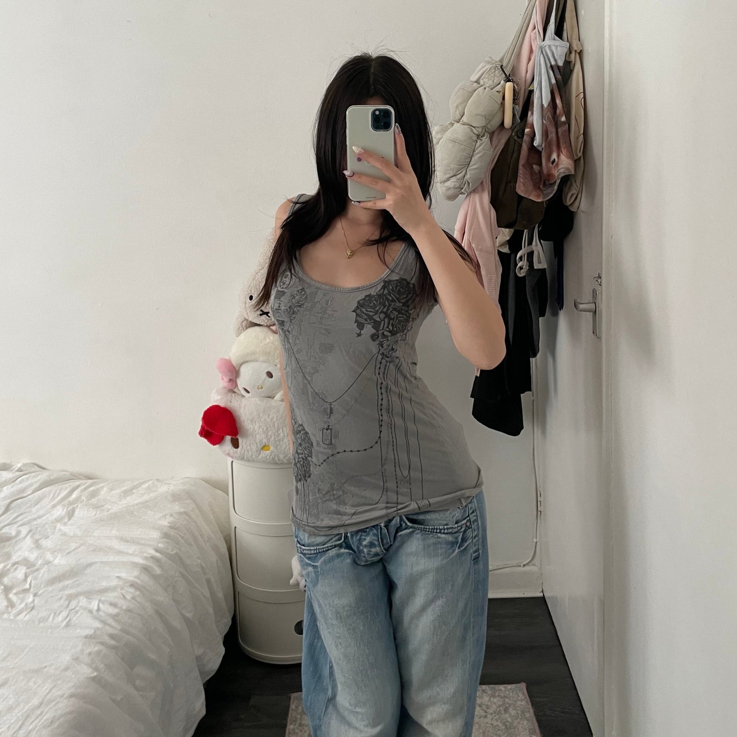 wme! grunge sleaze boho taupe grey rose chain graphic print vest top