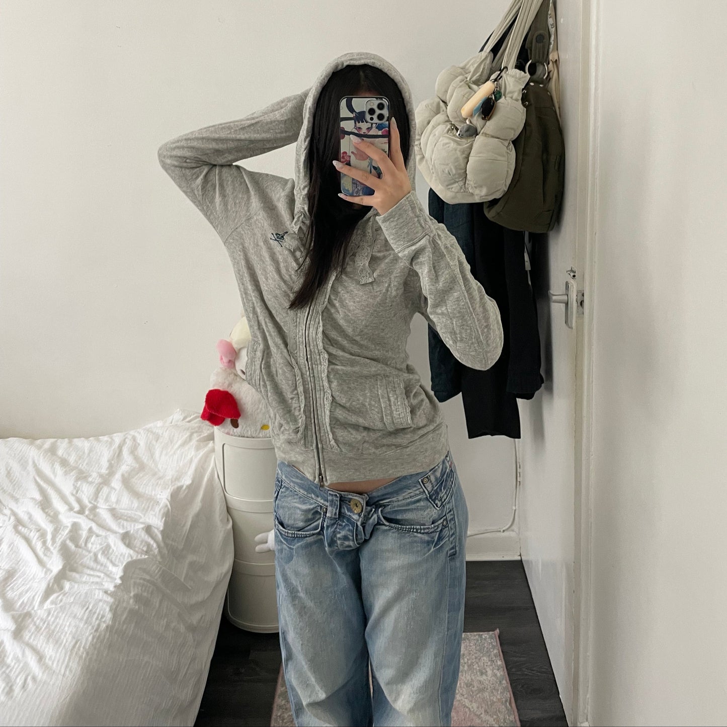 vintage hysteric glamour coquette grey lace ruched long sleeve hoodie
