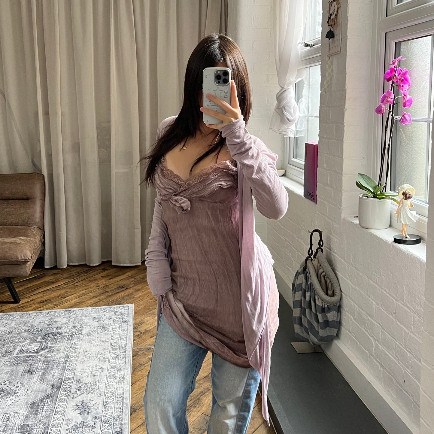 eurosummer kaos silk blend dusty purple pink lacey rosette lined mini dress