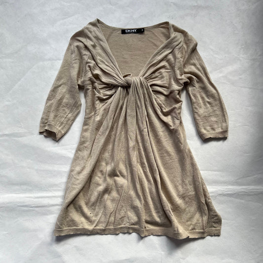 DKNY Beige Brown Cotton Linen Blend Wrap Balloon Hem Knit Tunic