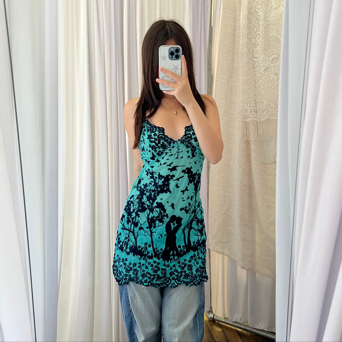 Nolita Turquoise Teal Black Lace Vintage Romantic Lace Detail Mini Dress