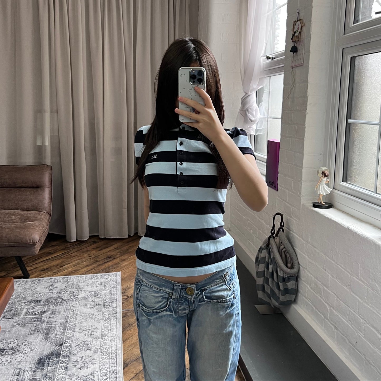 burberry blue label preppy black baby blue striped puff sleeve collared polo shirt