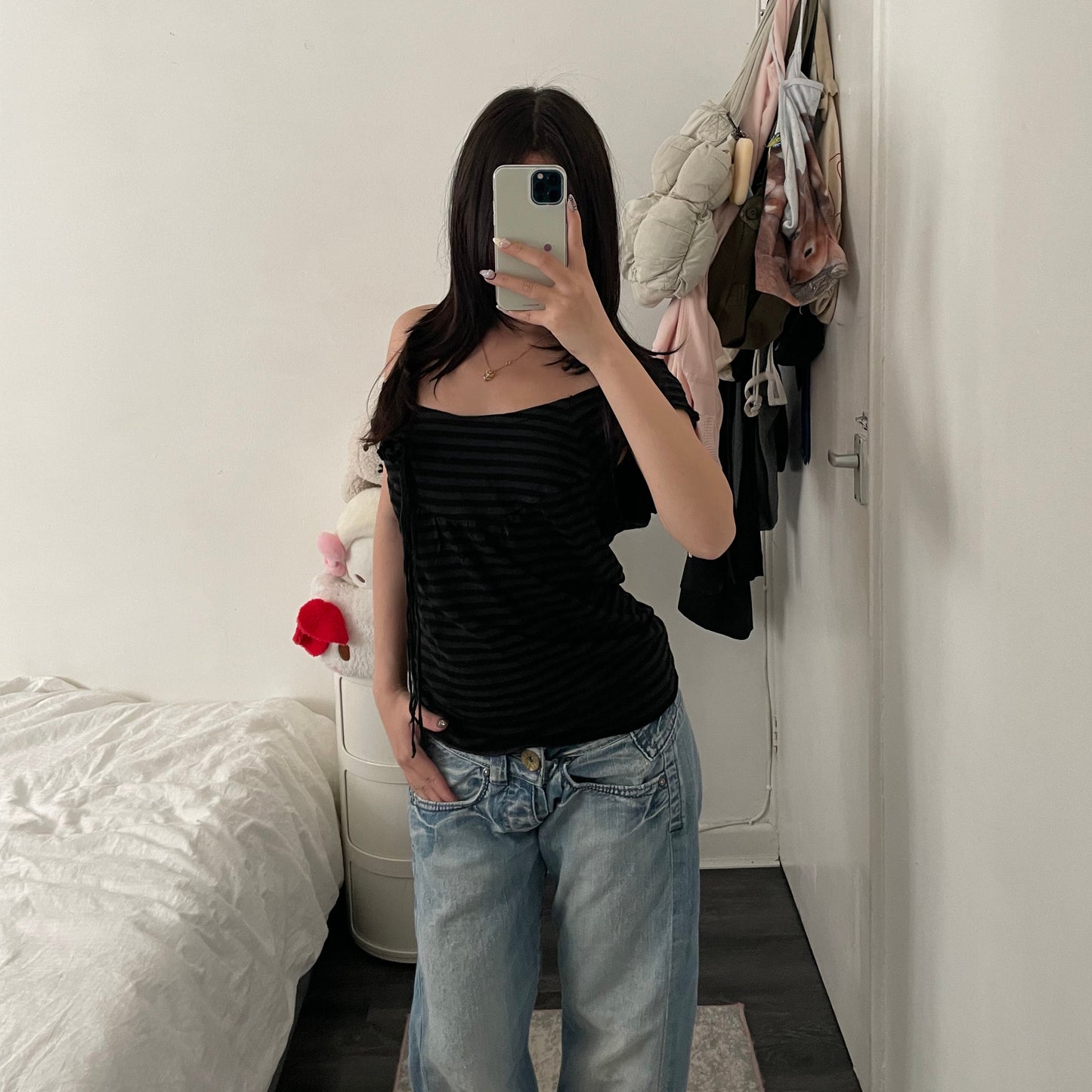 bonprix eurosummer navy black striped wide neck rosette top