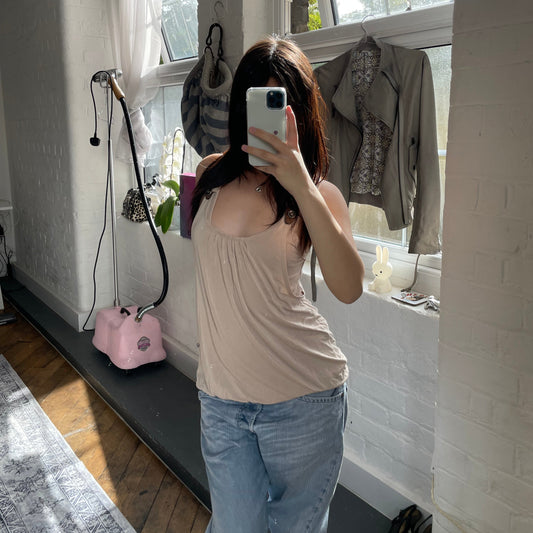 met beige western utility leather accent strap tunic tank top