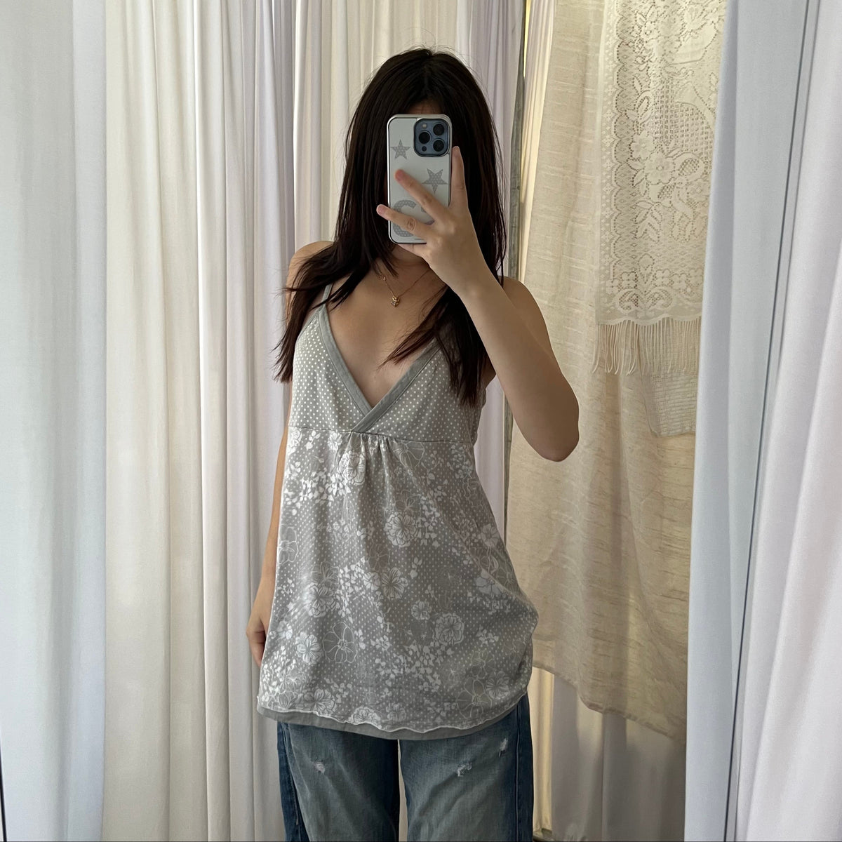 Edc By Espirit Grey Polka Dot White Floral Babydoll Camisole