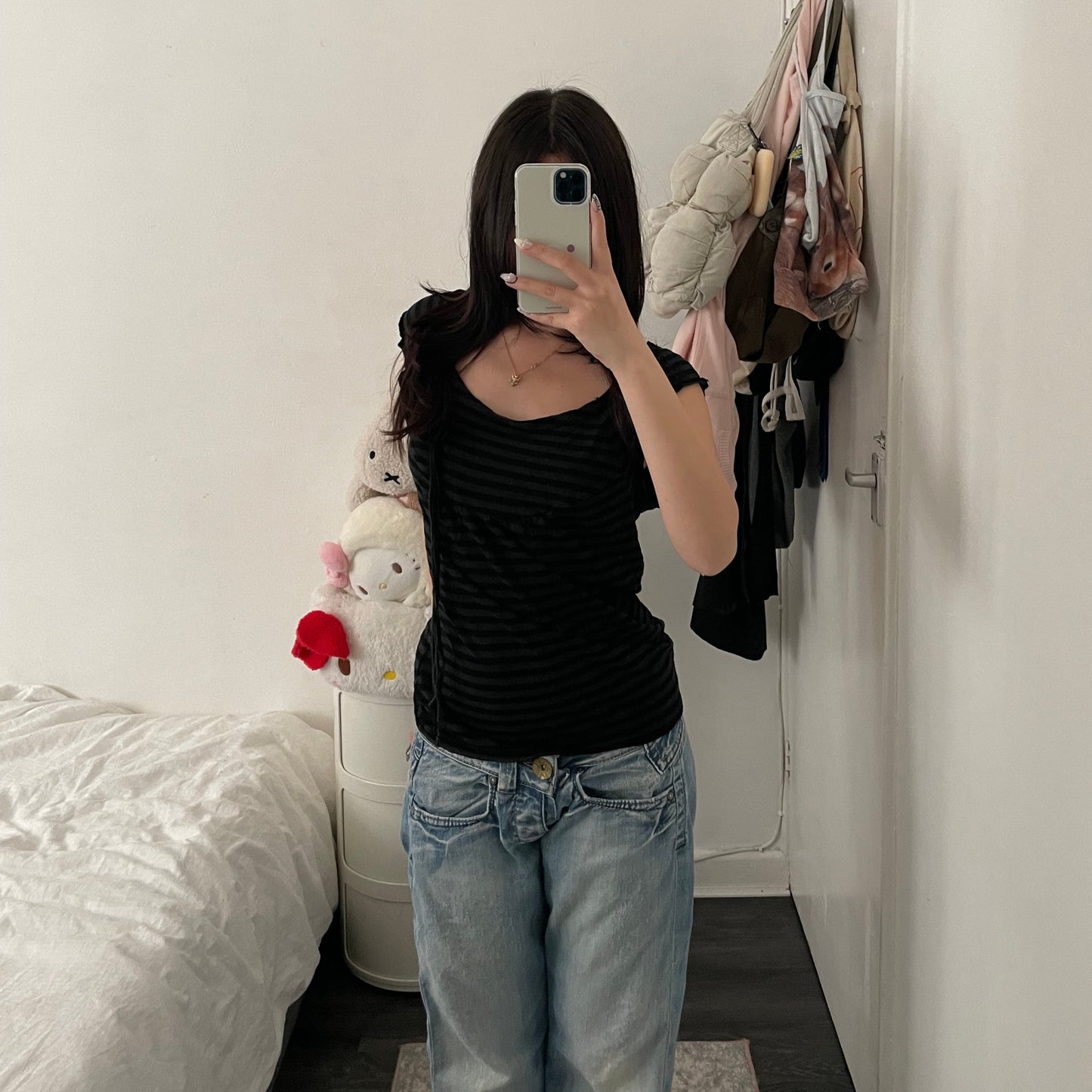bonprix eurosummer navy black striped wide neck rosette top
