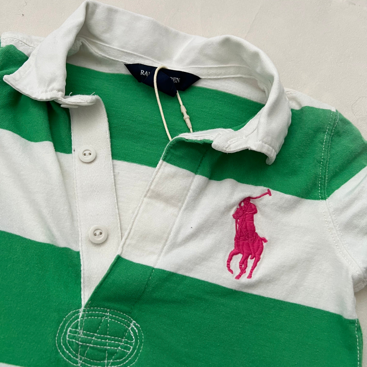 White Green Striped Hot Pink Logo V Neck Polo Shirt