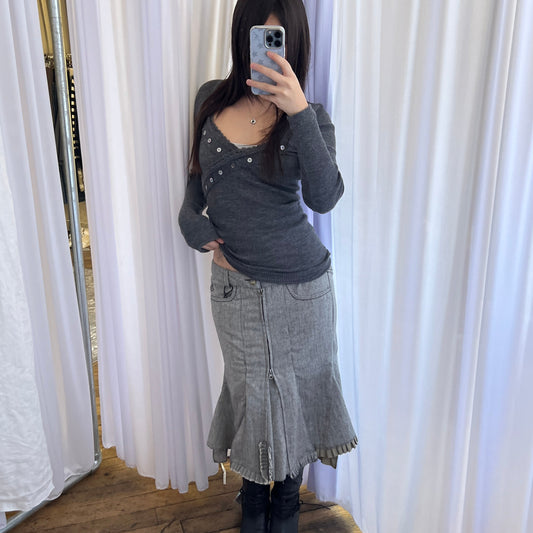 Grey Ddp Vintage Khaki Ruffle Flared Mermaid Hem Midi Skirt