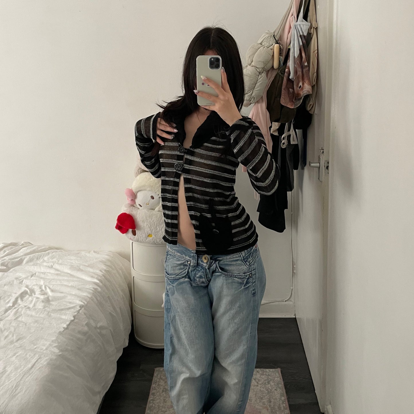 grunge sleaze patrice breal black grey striped ornamental button accents knit cardigan