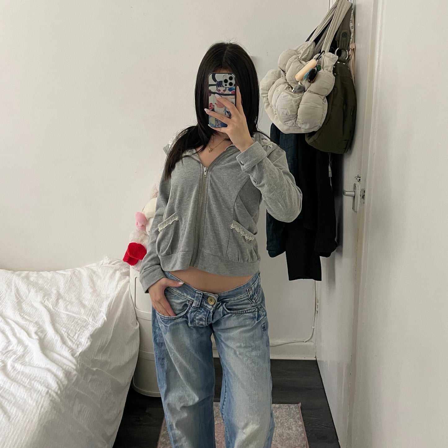 coquette grey asymmetric axes femmes white lace zip hoodie jacket
