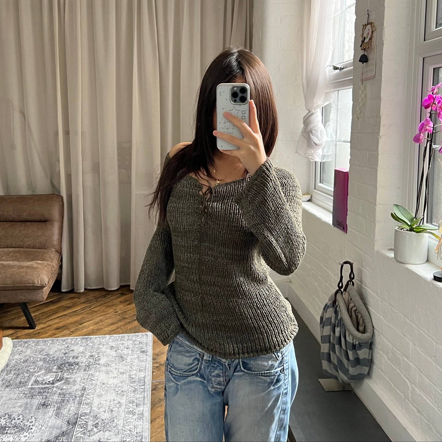 camieux khaki green flared sleeve lace up knit sweater