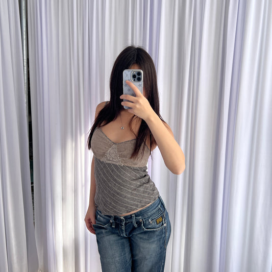 Kookai Grey Taupe Beige Embroidery Lace Linen Striped Camisole