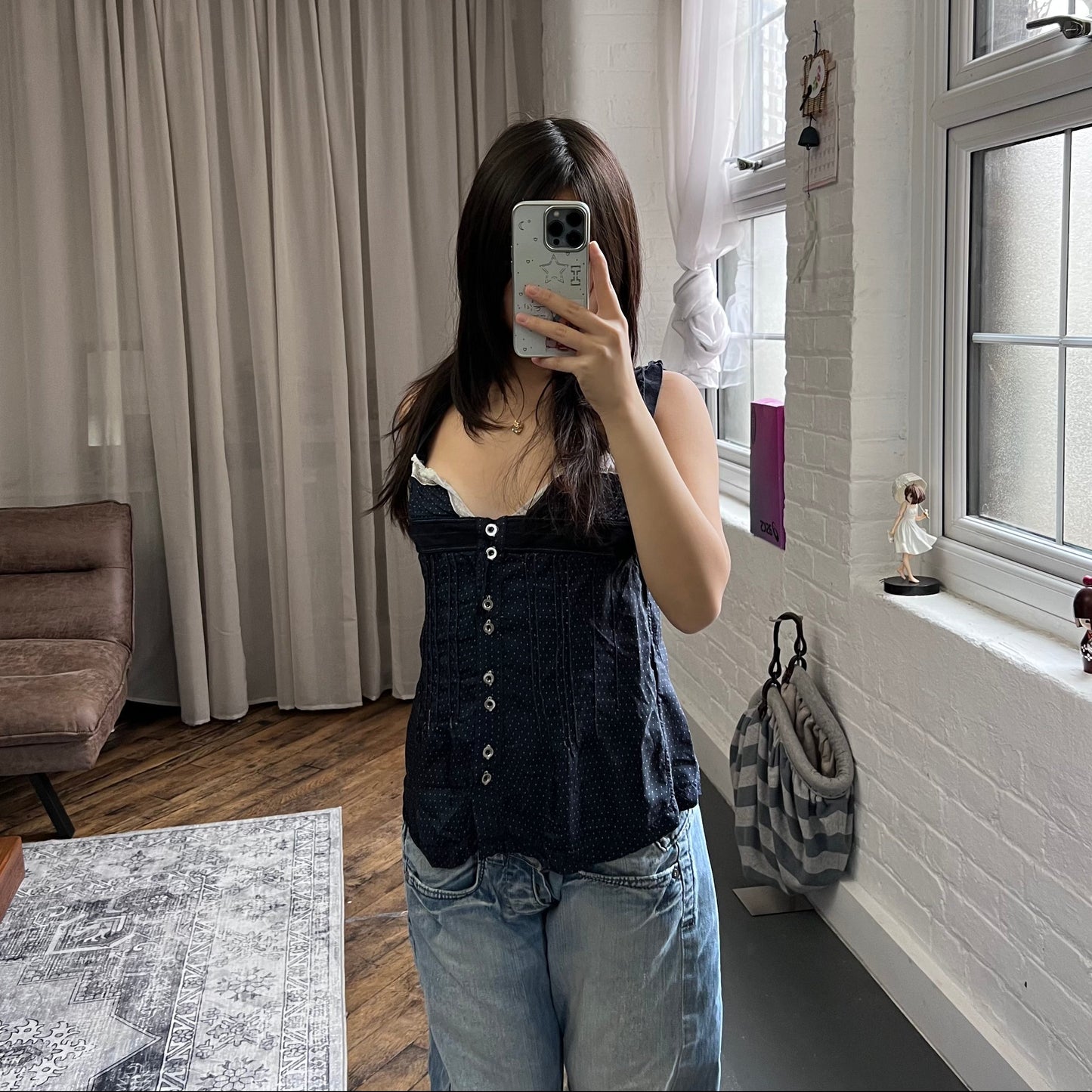 vintage high by claire campbell navy babydoll polka dot milkmaid lacey trim camisole top