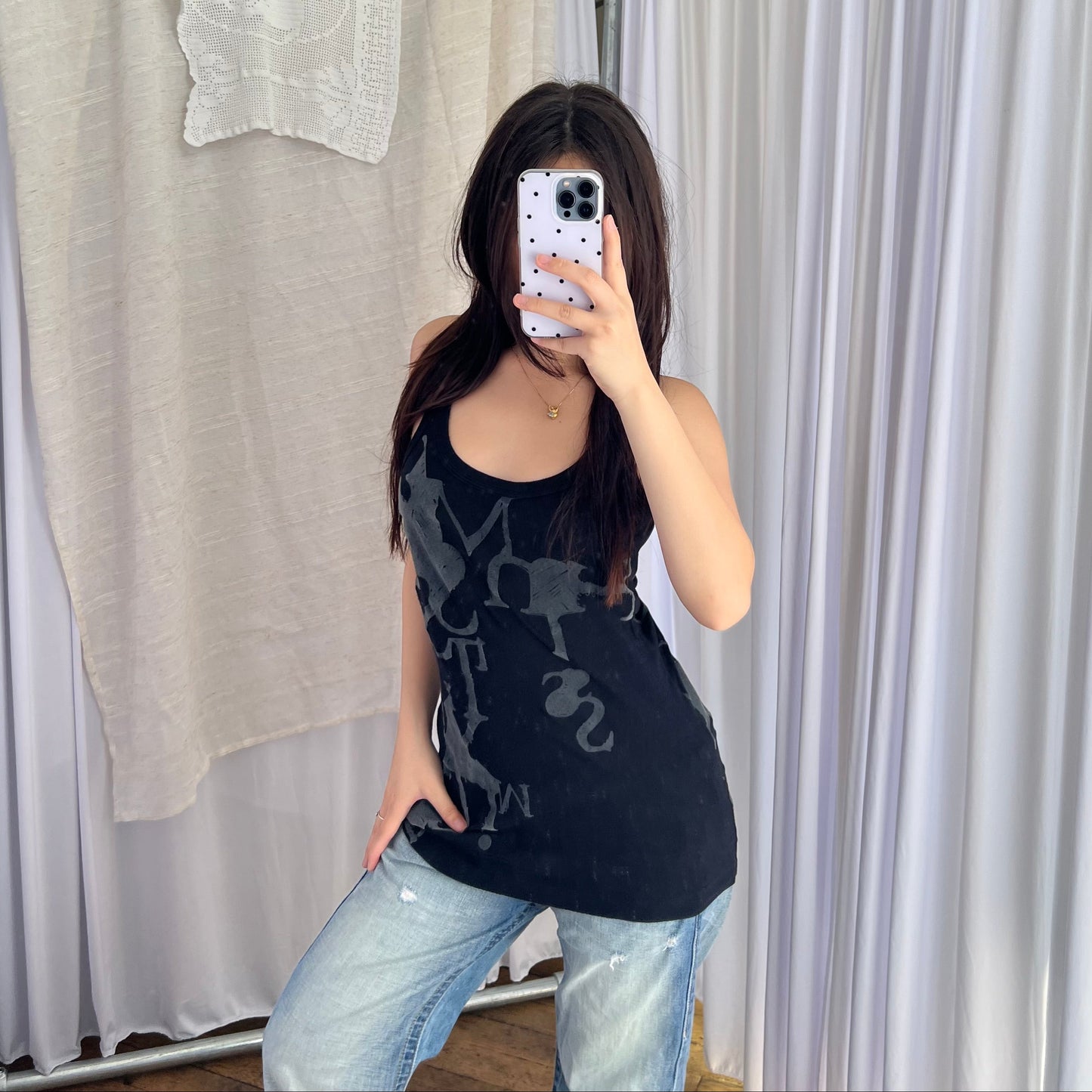 Miss Sixty Black Grey Velvet Graphic Tank Top
