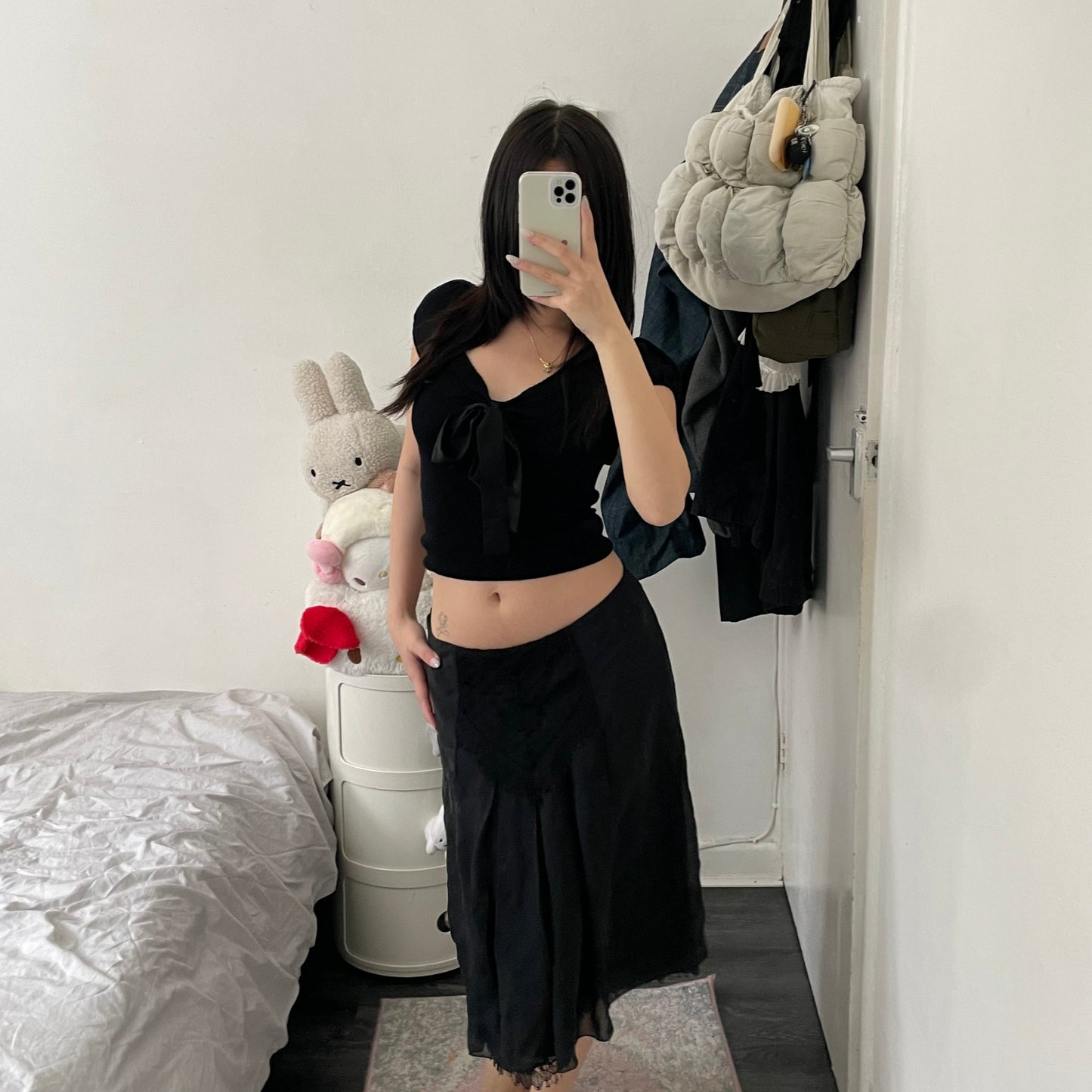 romantic eurosummer anna sui black silk lacey flared midi skirt
