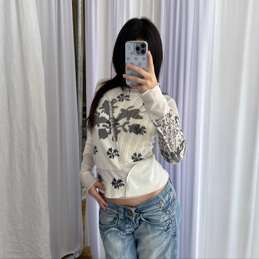 White Cream Promod Grey Graphic Long Sleeve Mix Material Mesh Knit Top