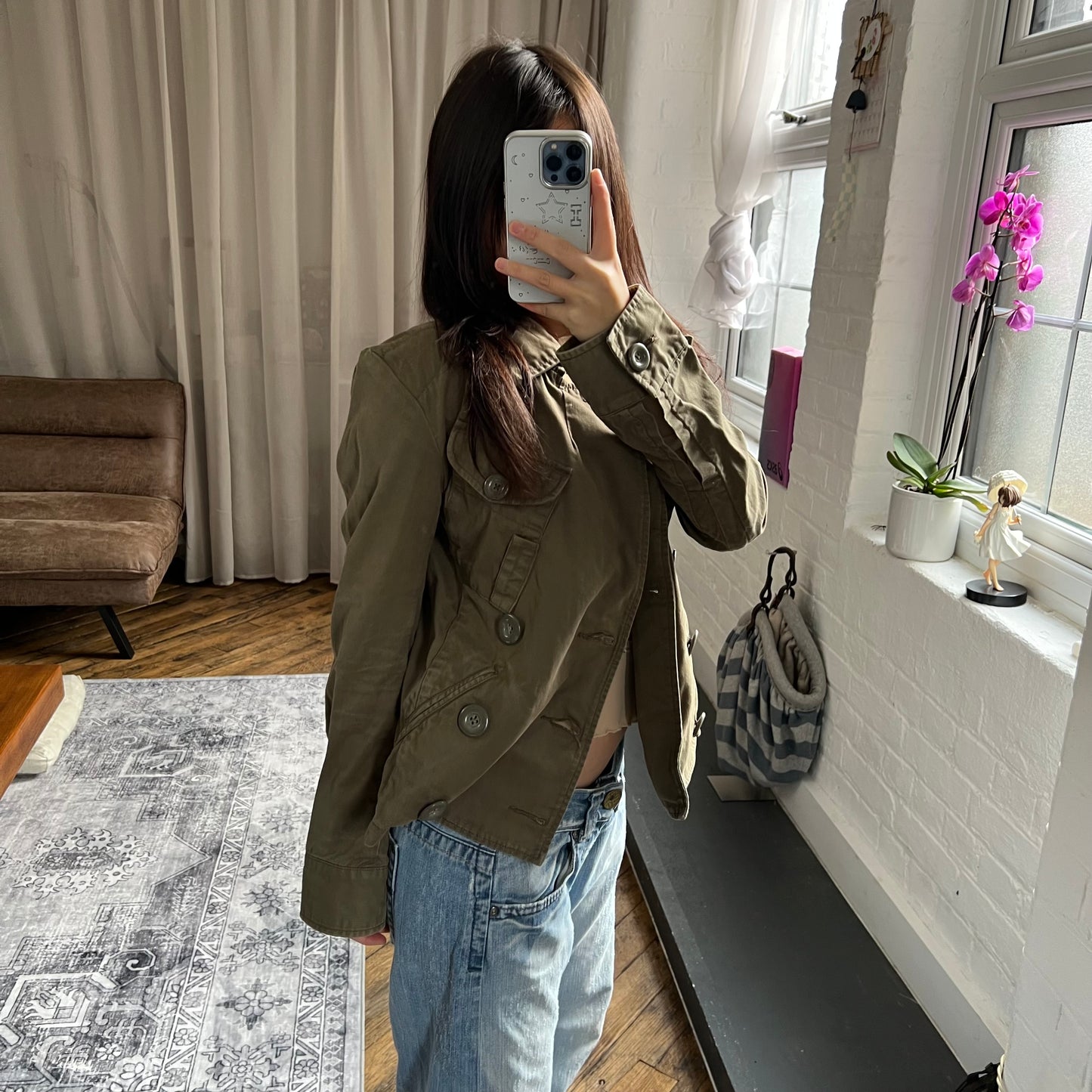 khaki diesel corpcore asymmetric button down trench style jacket