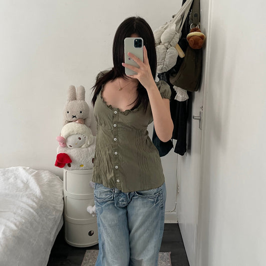 denny rose khaki mori kei puff sleeve adjustable waist ribbon blouson