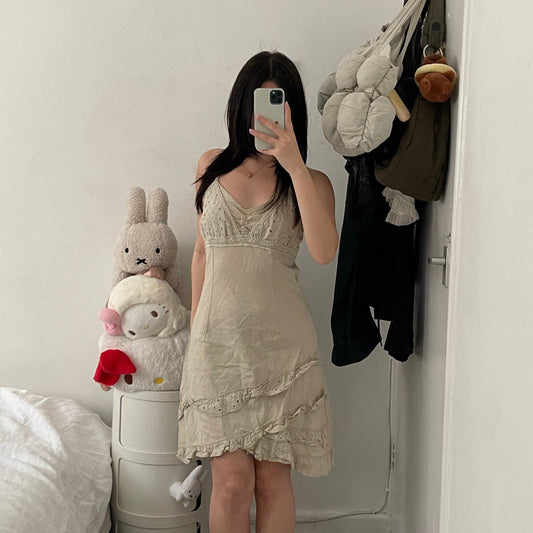 beige linen blend broderie anglaise prairie a line midi dress