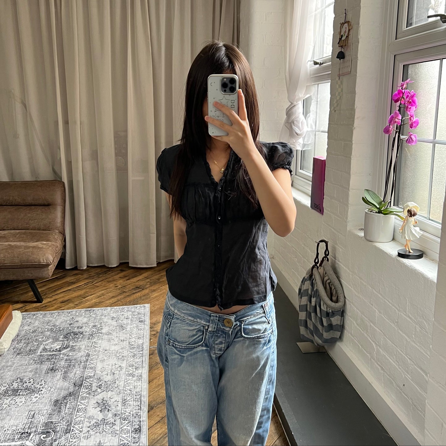 naracamicie black balletcore dark academia cap sleeve ruched bust sheer blouse