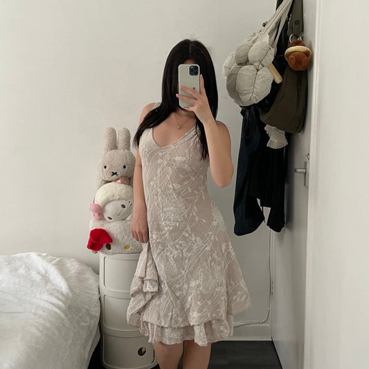 vintage ivory beige white faint floral print v neck midi dress