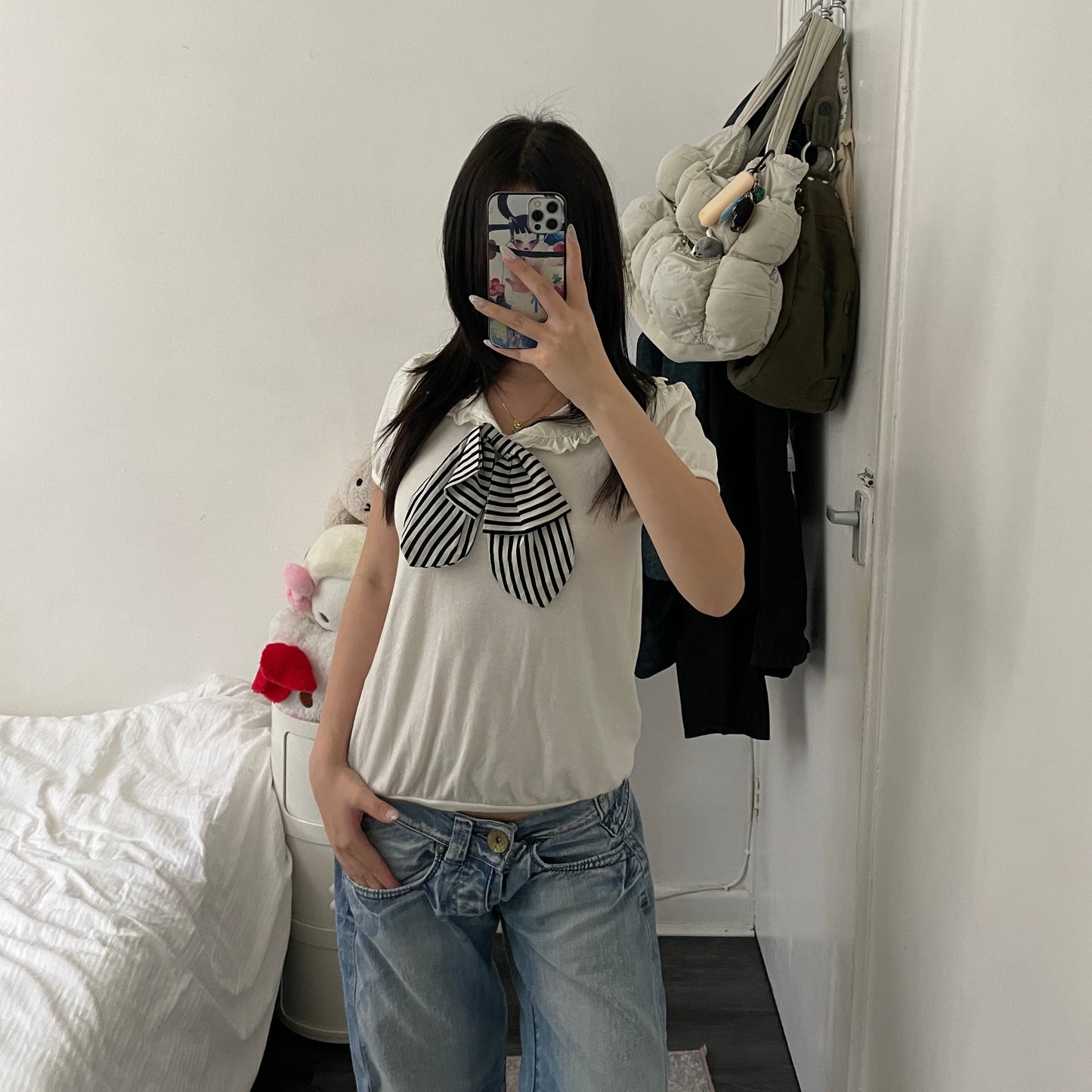 alonaquins preppy punk sailor off white puff sleeve balloon hem top with back detail and striped ribbon bow