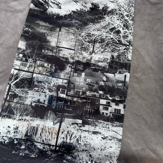 Vintage Quattro Taupe Grey Faux Suede City Graphic Print Striped Knit Ruffle Hem Midi Skirt