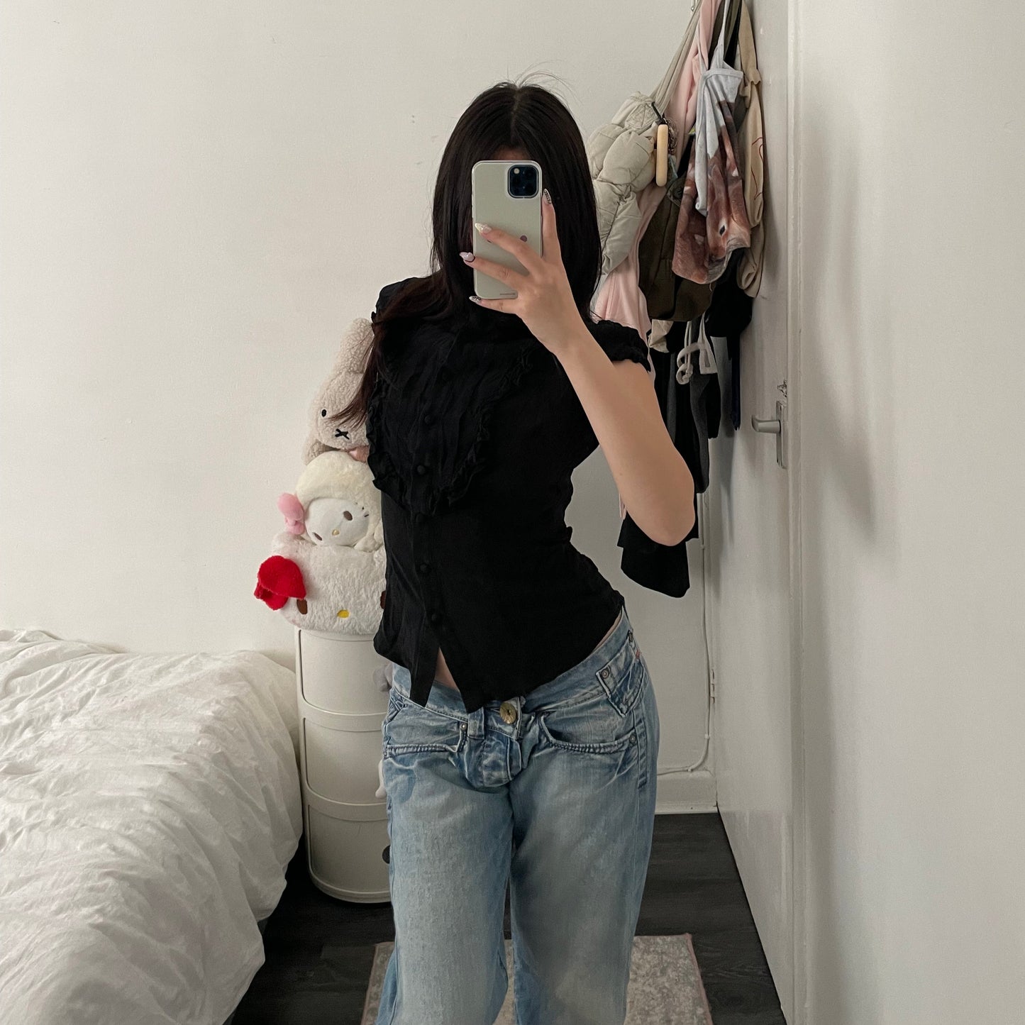 dark academia black gotha silk ruffle high collar puff sleeve blouse
