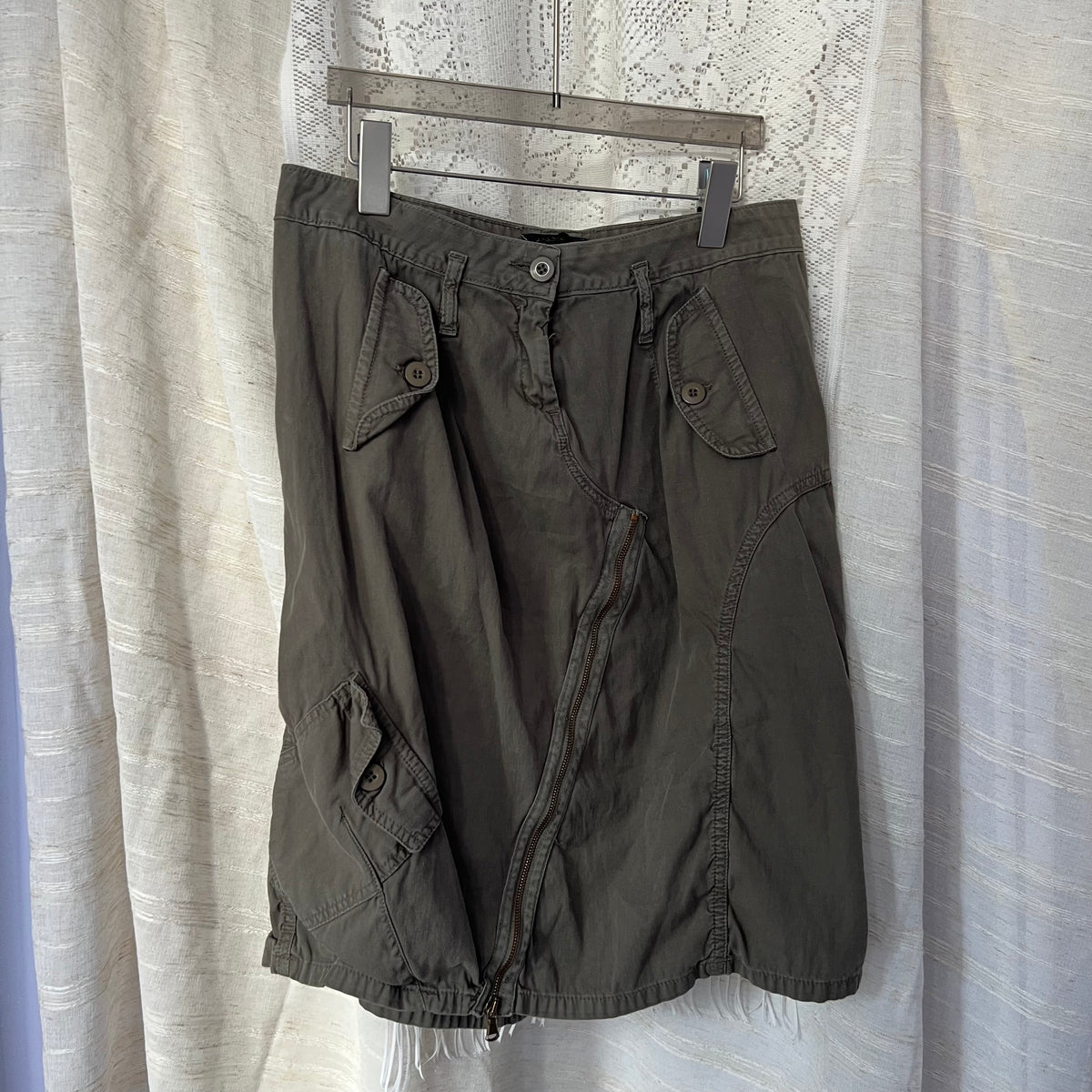 Ab/Soul Khaki Brown Asymmetric Zip Puff Hem Utility Midi Skirt