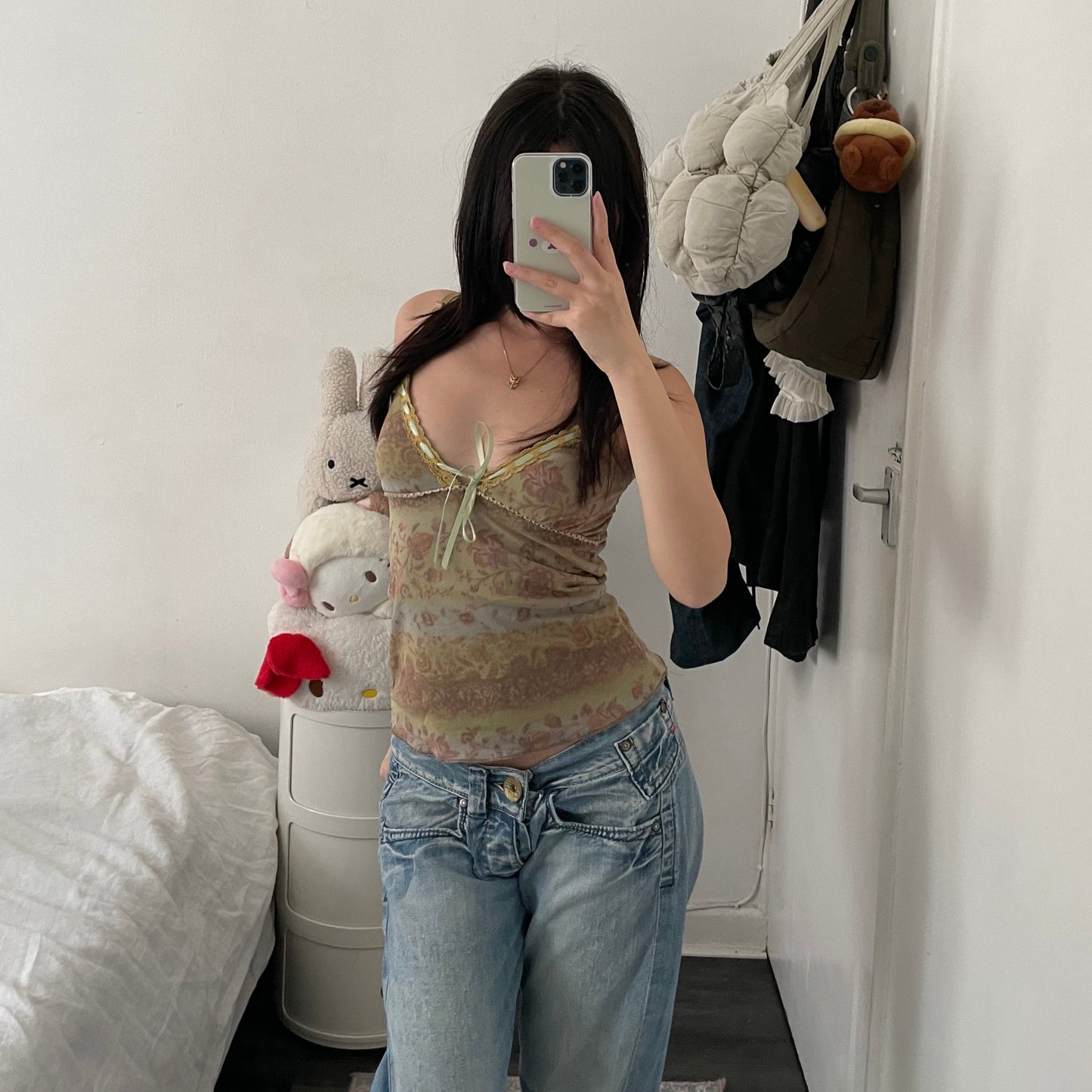 boho eurosummer vns soft green brown vintage floral print camisole