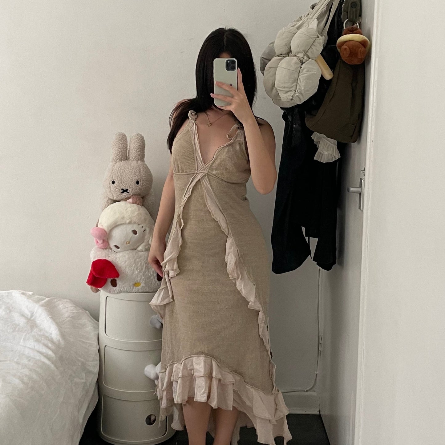 vintage zone bleue beige ivory eurosummer utility fine knit ruffle flared maxi dress