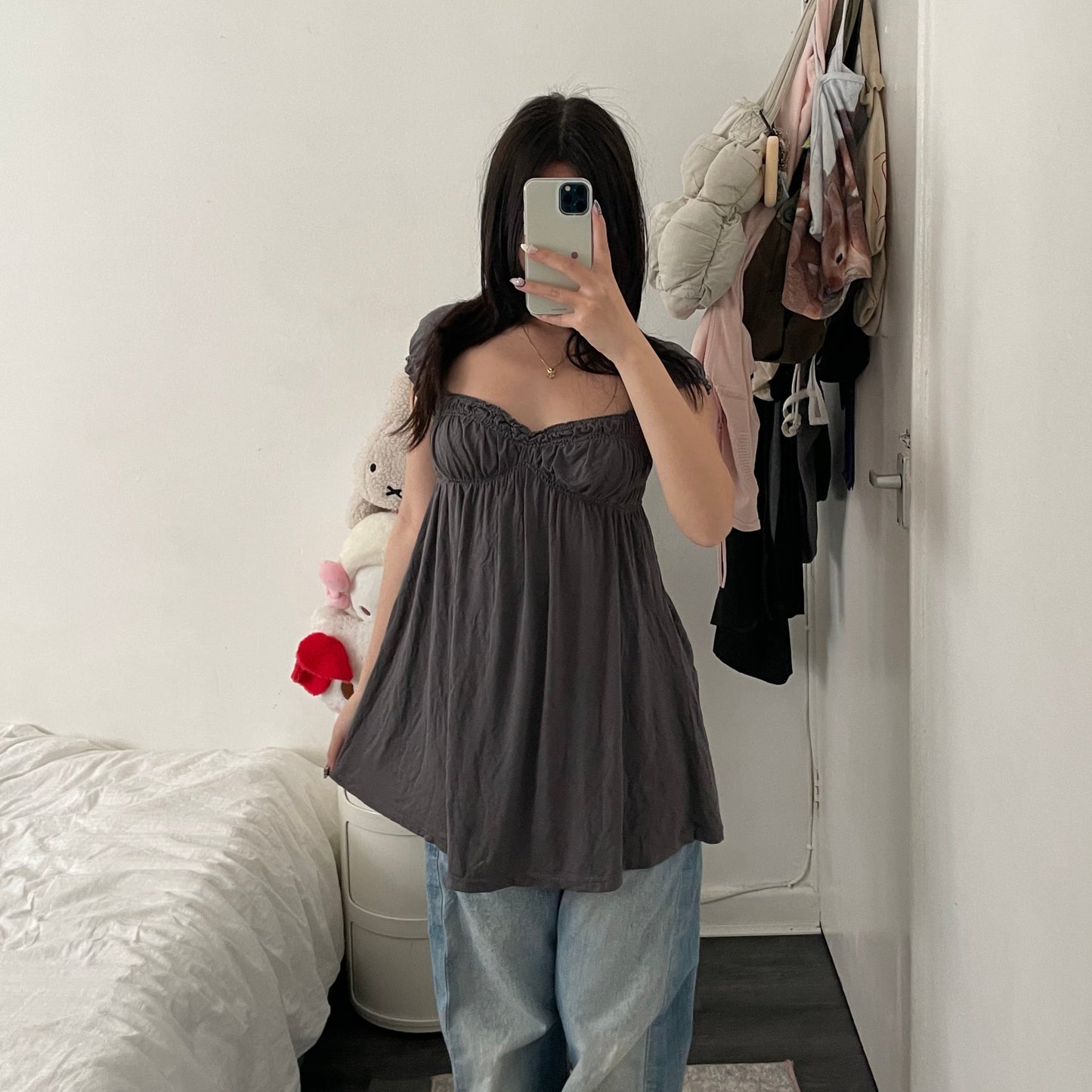 miss sixty grey taupe balletcore ruched puff cap sleeve babydoll milkmaid top