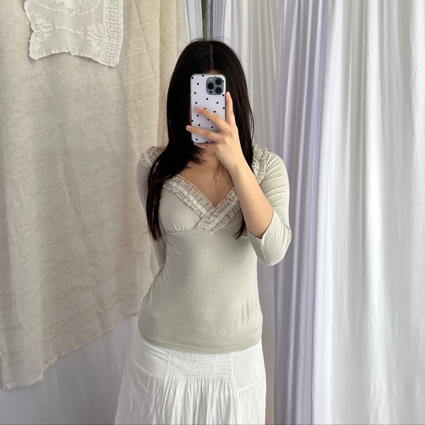 Keeps Greige Mesh 3/4 Sleeve Ruffle Lace Collar Fitted Top