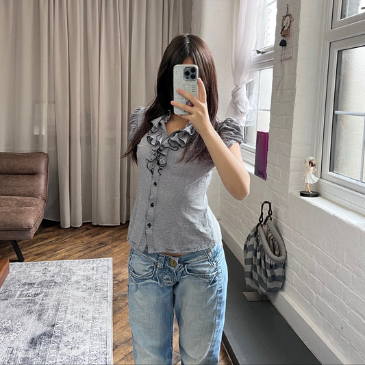 naracamicie black academia preppy ruffle striped puff sleeve collared polo style shirt