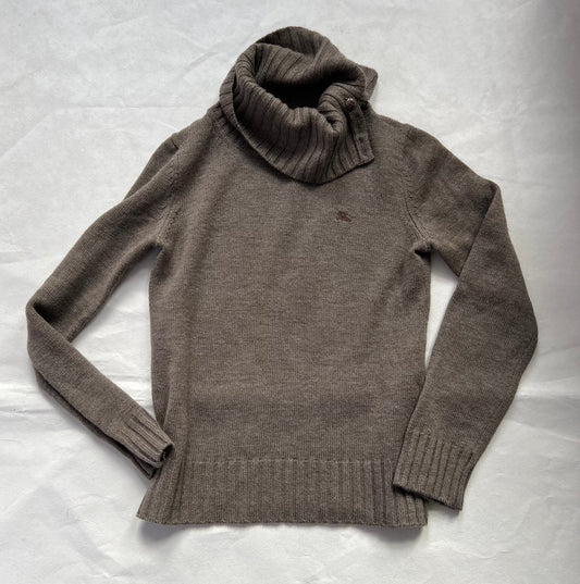 Burberry Blue Label Brown Button Accent Ribbed Turtle Neck Knit Wool Sweater