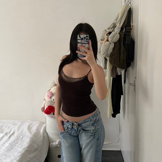 棕色 Morgan de Toi 修身露脐钩针亮片领口吊带背心