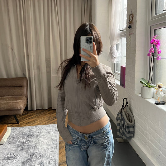 utility clockhouse greige high neck button long sleeve bomber blouson jacket