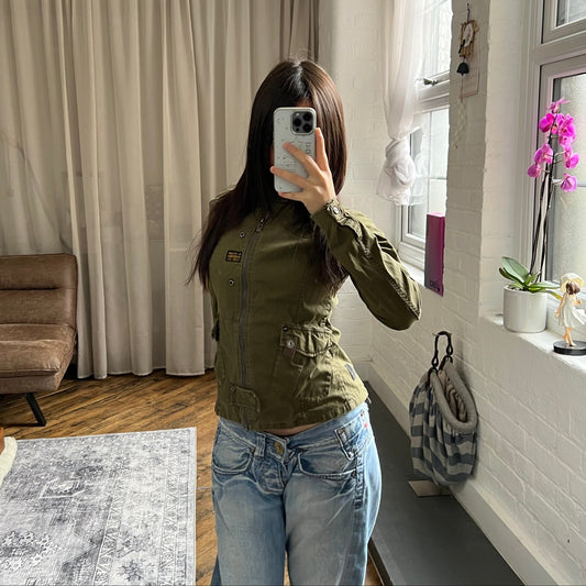 dark khaki g-star raw long sleeve utility style neck buckle jacket