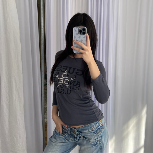 Grey Blue Guess Star Graphic 3/4 Sleeve Fitted Shirt