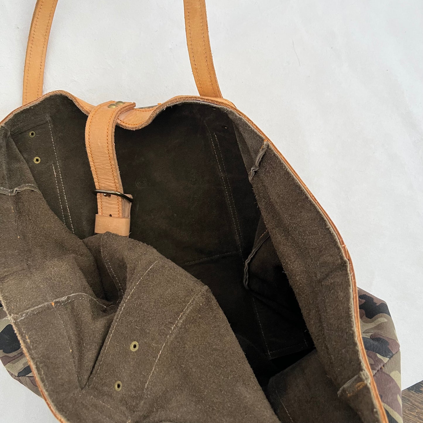 Vintage Harry Hanny Handmade Tan Brown Leather Camo Print Tote Bag