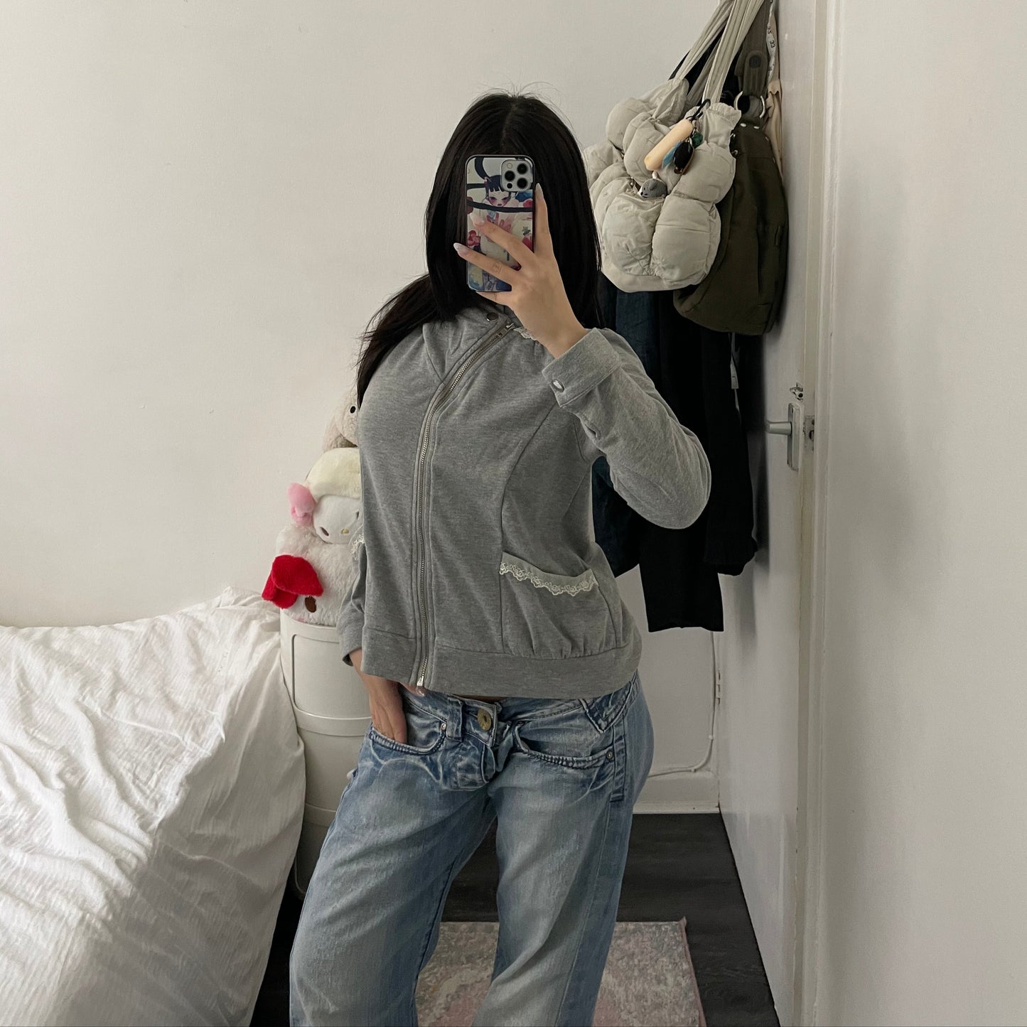 coquette grey asymmetric axes femmes white lace zip hoodie jacket