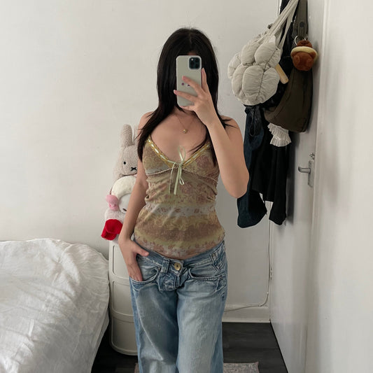 boho eurosummer vns soft green brown vintage floral print camisole