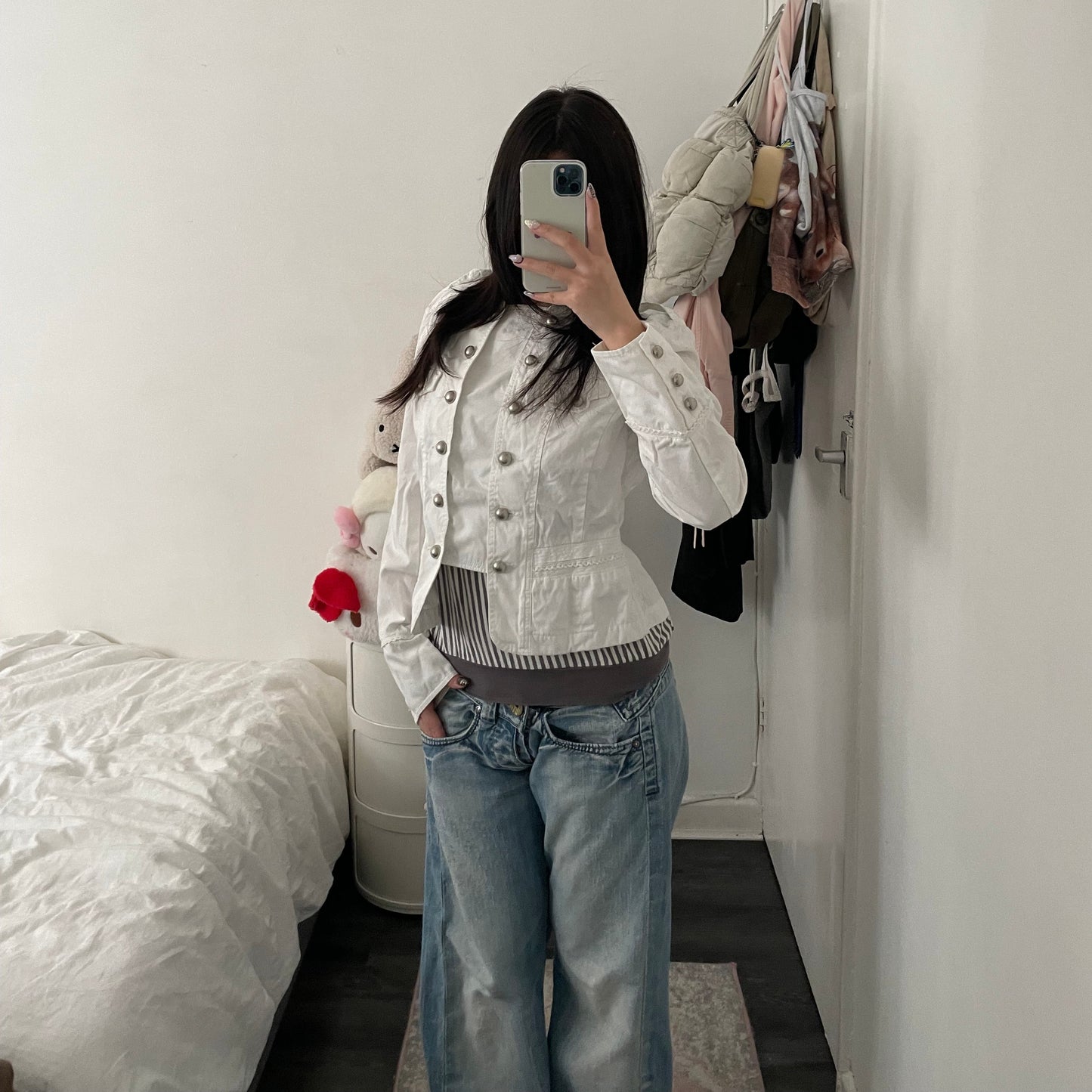 my collection white corpcore military style dual button picot lace jacket