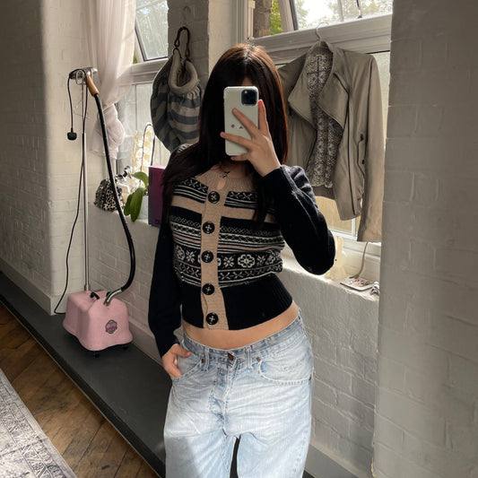 nanette lepore angora blend black beige winter snowflake print crop cardigan