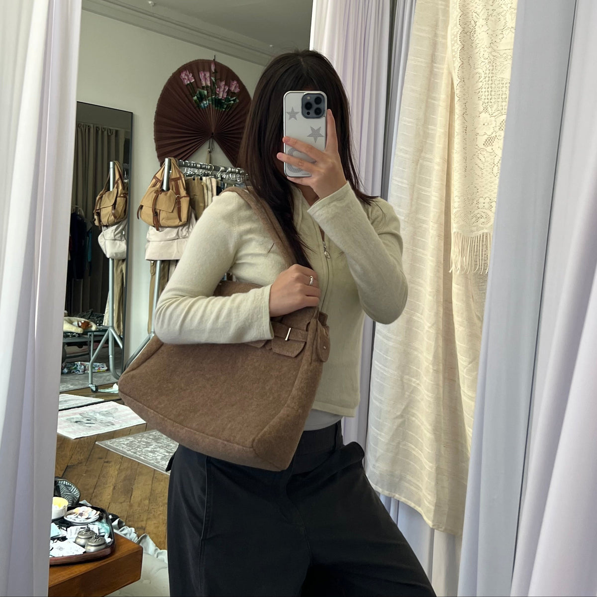Brown Felt Wool Shoulder Bag